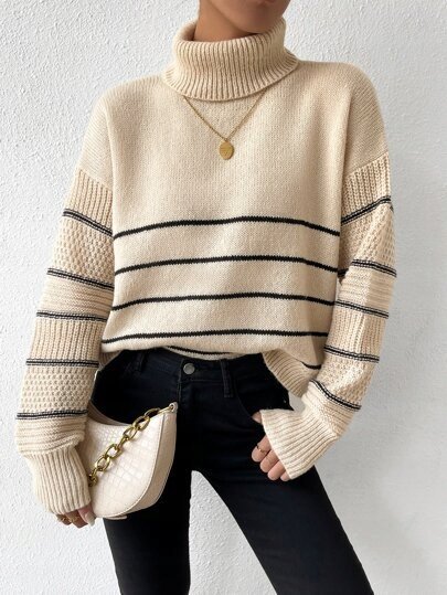 SHEIN SWETER Z GOLFEM BEŻOWY W PASKI CASUAL 36 V9S