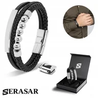 Bransolety męskie - SERASAR, męska skórzana bransoletka „Pearl”, srebro, 20 cm, ze stalowym zapięciem magnetycznym, w zestawie pudełko prezentowe - miniaturka - grafika 1