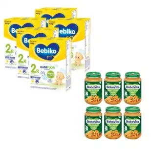 Bebiko 2R Mleko następne dla niemowląt powyżej 6. miesiąca życia + BoboVita Jabłka morele i brzoskwinie z biszkoptem po 8 miesiącu Zestaw 5 x 600 g + 6 x 190 g - Mleko modyfikowane - miniaturka - grafika 1