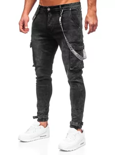 Spodnie męskie - Czarne spodnie jeansowe bojówki męskie Denley TF096 - grafika 1