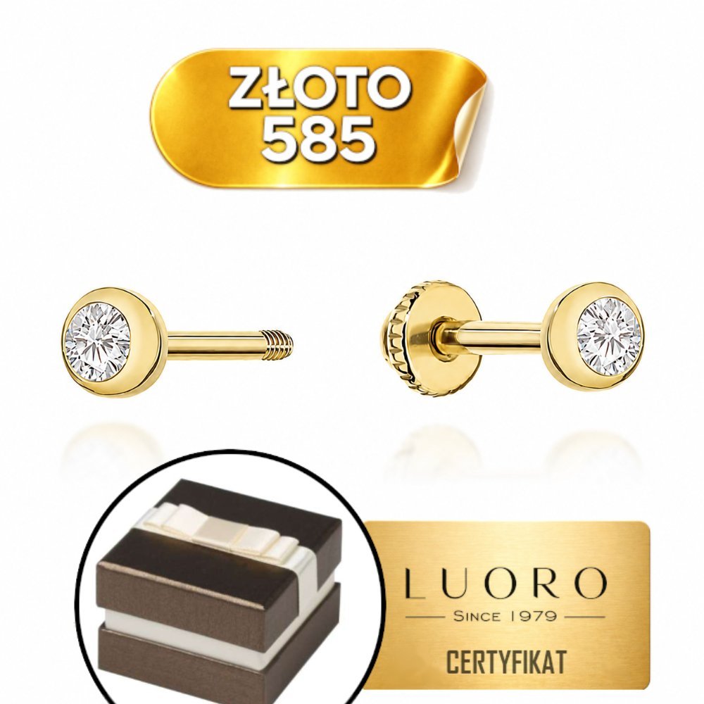 KOLCZYKI ZŁOTE 585 14K KÓŁKO Z CYRKONIĄ SZTYFT ZAKRĘCANE 4,3 CM ELEGANCKIE