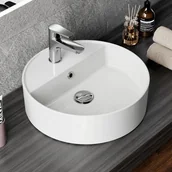 Umywalki - HOROW Umywalka nablatowa, okrągła, biała, z otworem na baterię i przelewem - miniaturka - grafika 1