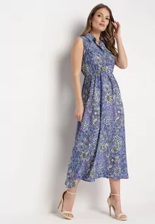 Sukienki - Niebiesko-Fioletowa Rozkloszowana Sukienka w Kwiaty bez Rękawów Syloria - grafika 1