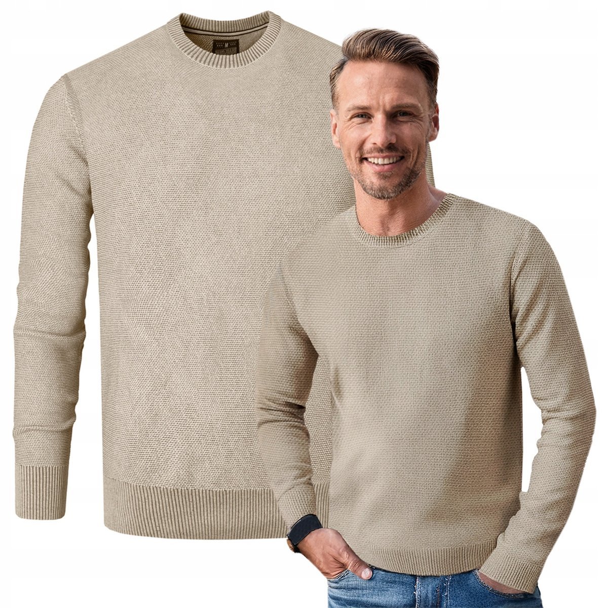 Elegancki SWETER Męski BEŻOWY Klasyczny Bawełniany IGNACIO XL Pako Jeans