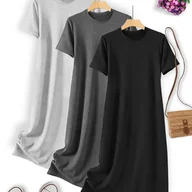 Sukienki - TEMU 3 szt. Damskie Sukienki z Krótkim Rękawem i Okrągłym Dekoltem - Luźne, Oddychające, Miękkie, Średniej Długości na Wakacje, Jednokolorowe Stroje - miniaturka - grafika 1