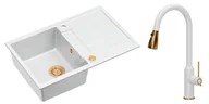 Zlewozmywaki z baterią - Quadron Unique Zlewozmywak granitowy jednokomorowy 78*50*22 cm z ociekaczem MORGAN 111 SNOW WHITE z syfonem Push-2-Open w kolorze miedzianym z baterią JESSICA SNOW WHITE z wyciąganą wylewką i funkcją prysznica kolor biały mat/ miedź - miniaturka - grafika 1