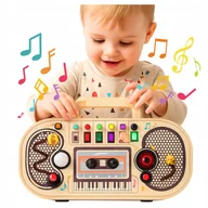 Zabawki sensoryczne - Drewniana Tablica Montessori Radio Edukacyjne Grające Manipulacyjne LED - miniaturka - grafika 1