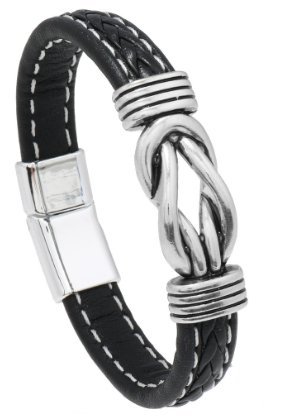 Bransoletka męska skórzana czarna ze srebrnym węzłem elegancka