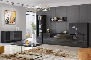 Komoda modułowa RTV dwudrzwiowa z szufladą i wnęką Helio 40 - czarny / czarne szkło - Szafki RTV - miniaturka - grafika 4