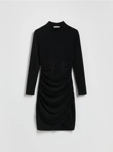 Reserved - Błyszcząca sukienka z drapowaniem - czarny - Sukienki - miniaturka - grafika 1