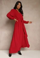 Sukienki - Czerwona Asymetryczna Koktajlowa Sukienka z Wiskozą Kopertowym Dekoltem i Paskiem Laniea - miniaturka - grafika 1