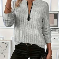 Bluzki damskie - TEMU Elegancki Sweter Damski z Półzameczkiem - Długie Rękawy, Okrągły Kołnierzykowany Jednokolorowy Fiolet Zimowe Ciępło Średnio Elastywna Kurtka w - miniaturka - grafika 1