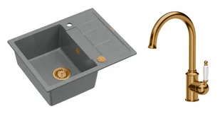Quadron Unique Zlewozmywak granitowy jednokomorowy 62*50*22 cm z ociekaczem MORGAN 116 SILVER STONE z syfonem Push-2-Open w kolorze miedzianym z baterią RACHEL kolor miedziany - Zlewozmywaki z baterią - miniaturka - grafika 1
