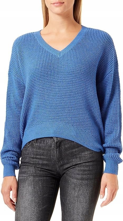 VERO MODA NIEBIESKI SWETER DAMSKI Z DEKOLTEM V I DŁUGIM RĘKAWEM M 16EA