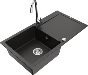 Mexen Leo zlewozmywak granitowy 1-komorowy z ociekaczem i baterią kuchenną Telma, czarny/złoty metalik - 6501-75-670200-00 - Zlewozmywaki z baterią - miniaturka - grafika 1