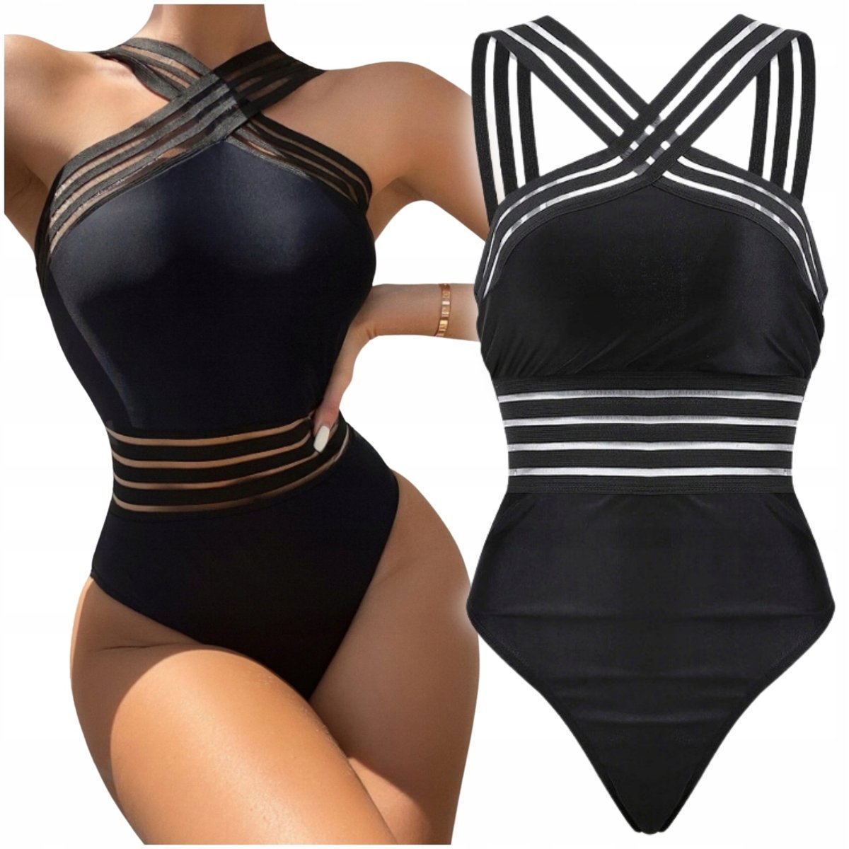 STRÓJ KĄPIELOWY JEDNOCZĘŚCIOWY KOSTIUM DAMSKI CZARNY USZTYWNIANY SEXY S