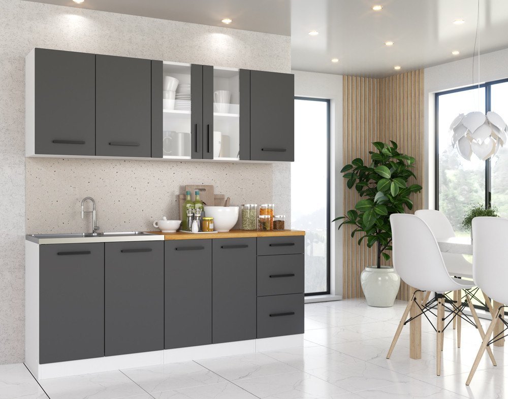 Meble Kuchenne Szare Z Drewnem Zestaw Mebli Kuchennych Rest 2.0m Dąb Wotan