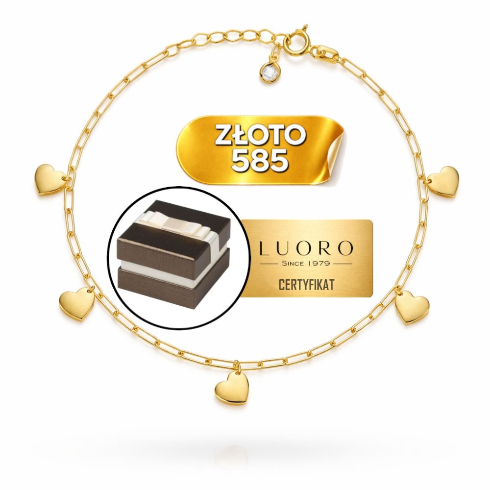 BRANSOLETKA ZŁOTA 585 14K PODŁUŻNE OGNIWA SERCA REGULOWANA 22 CM