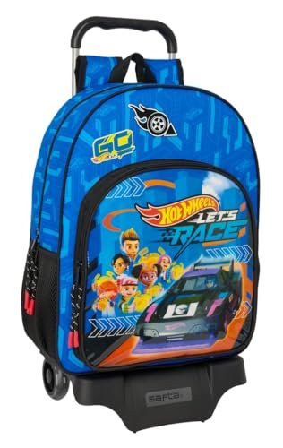 Safta HOT WHEELS LET'S RACE - Plecak szkolny z wózkiem 905, idealny dla dzieci w różnym wieku, wygodny i wszechstronny, jakość i wytrzymałość, 33 x 14 x 42 cm, Niebieski/czarny, M, Casual