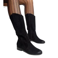 Kozaki damskie - Czarne ażurowe skórzane kozaki Vinceza - miniaturka - grafika 1