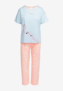 Piżamy damskie - Jasnoniebieski Komplet Piżamowy Koszulka z Nadrukiem i Proste Długie Spodnie Lirrana - grafika 1