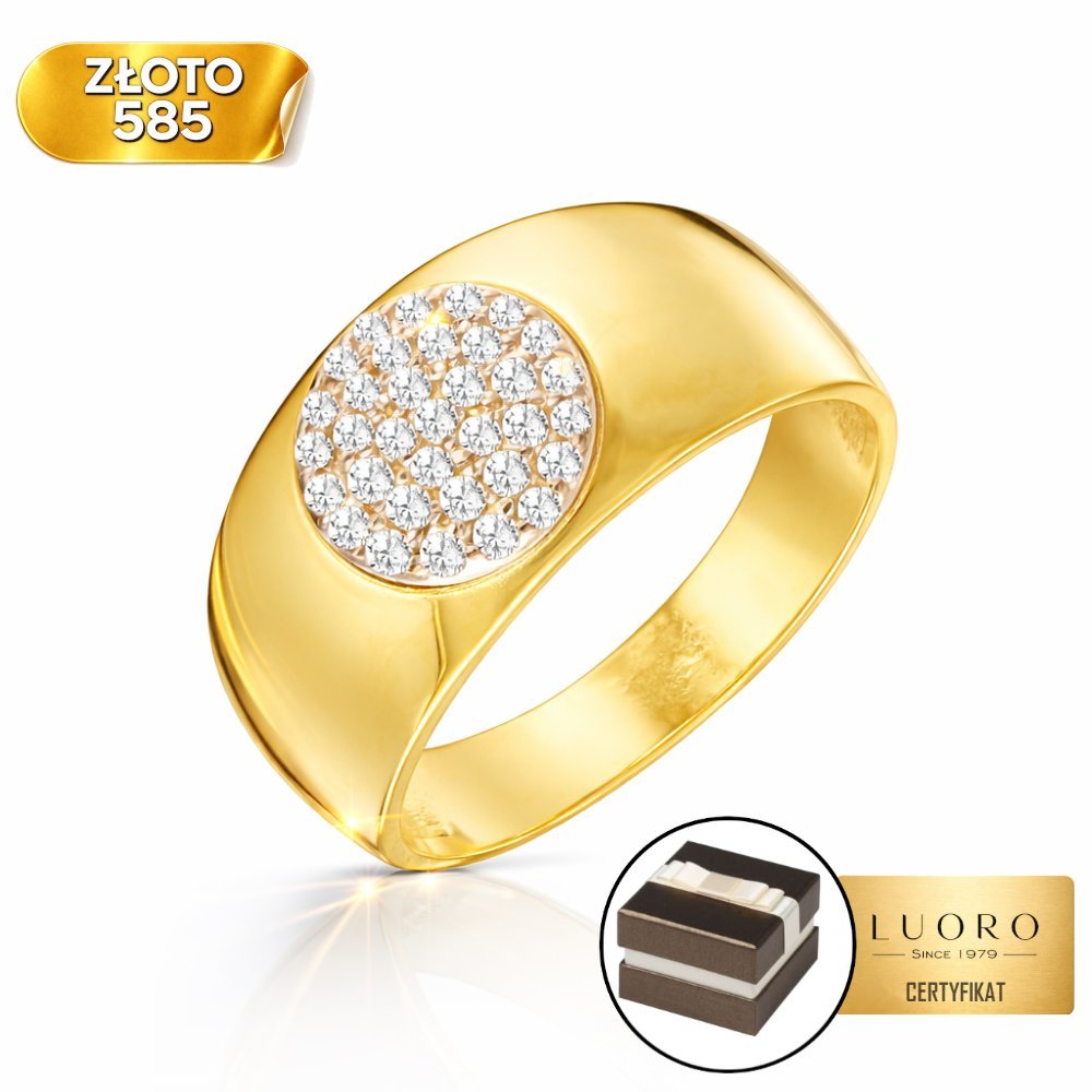 PIERŚCIONEK ZŁOTY 585 14K KÓŁKO CYRKONIE SZEROKOŚĆ 10 MM R16