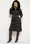 Kurtki damskie - Czarna Długa Kurtka Puchowa z Pikowanymi Przeszyciami i Kapturem z Futrem Zevea - miniaturka - grafika 1