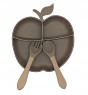 Miseczki i talerzyki dla dzieci - Talerzyk z przyssawka silikonowy ze sztućcami BLW w kształcie jabłuszka! - miniaturka - grafika 1
