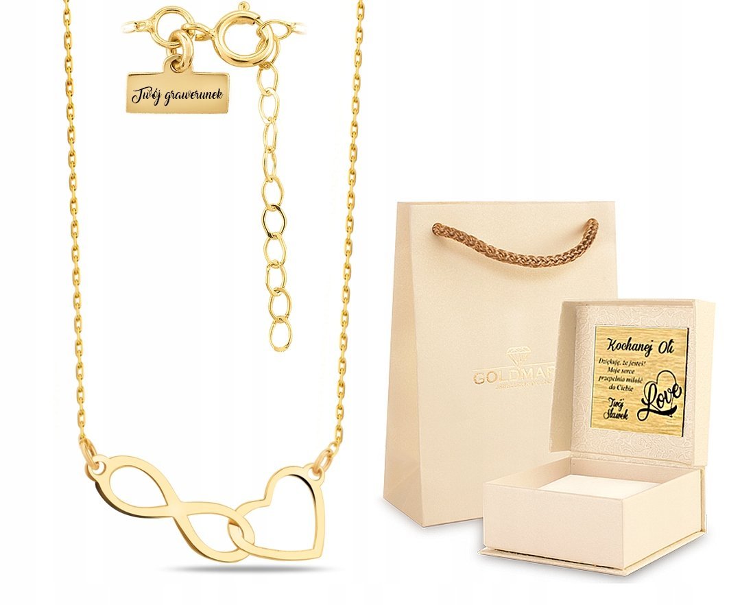 PIĘKNY ZŁOTY NASZYJNIK Z SERDUSZKIEM I NIESKOŃCZONOŚCIĄ 8KT 333 GRAWER