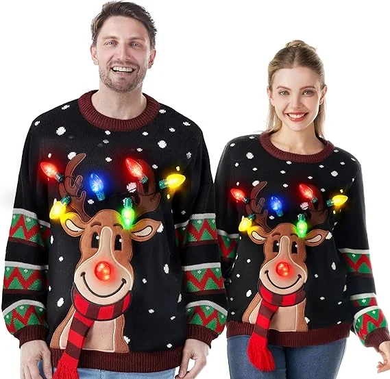 Sweter damski świąteczny z reniferem i żarówkami rozmiar S czarny