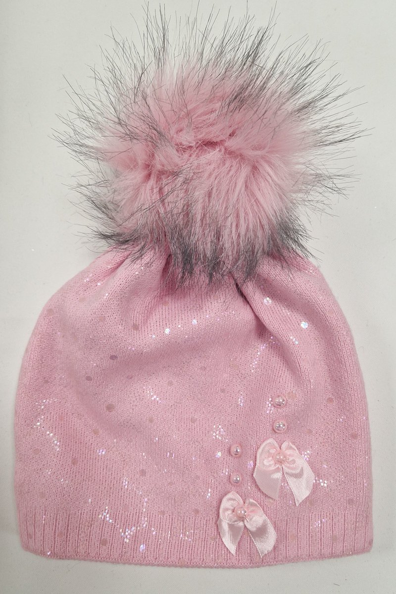 Jasnoróżowa Dziewczęca Czapka z Kokardkami i Pomponem