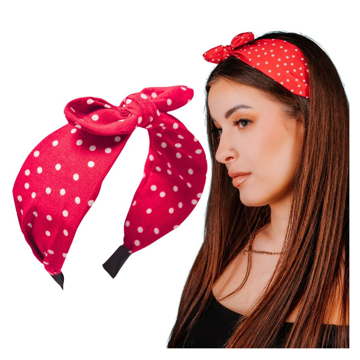 Opaska do Włosów Czerwona Szeroka na Głowę z Kokardą w Kropki Lekka Wygodna