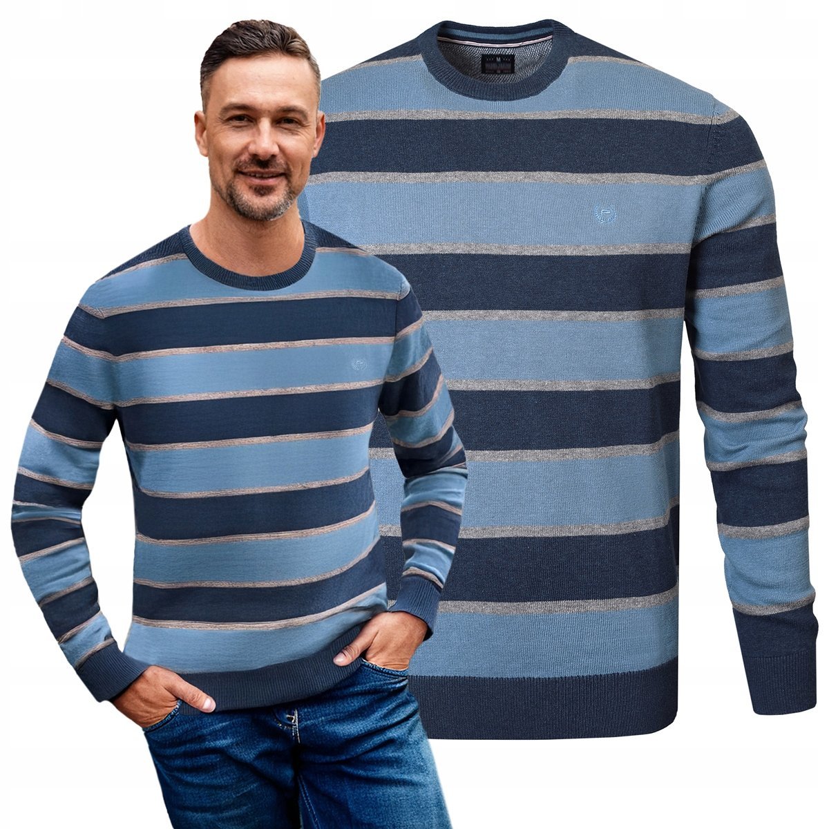 Elegancki SWETER Męski NIEBIESKO-GRANATOWY w PASKI Bawełniany L Pako Jeans
