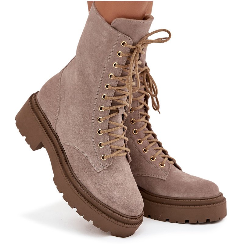 Botki Workery Damskie Z Naturalnego Zamsz Ocieplane Zazoo 4213 Beżowe 41-41