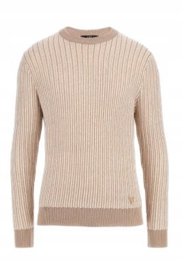 GUESS SWETER MĘSKI Z WEŁNĄ W BEŻOWE PASKI OKRĄGŁY KOŁNIERZ M 1GMA