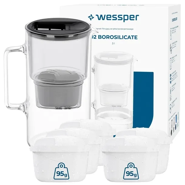 Dzbanek filtrujący szklany Wessper D2 Borosilicate 3l + 6x filtr aquamax