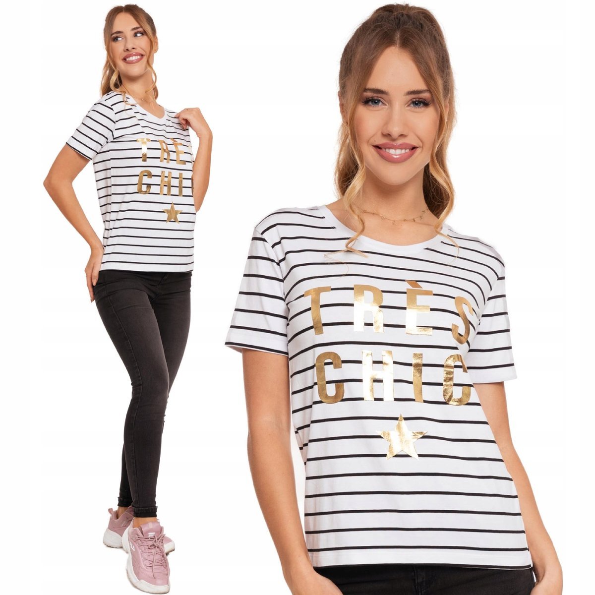 T-shirt Koszulka Damska z Nadrukiem w Paski Krótki Rękaw Bawełna 2XL MORAJ