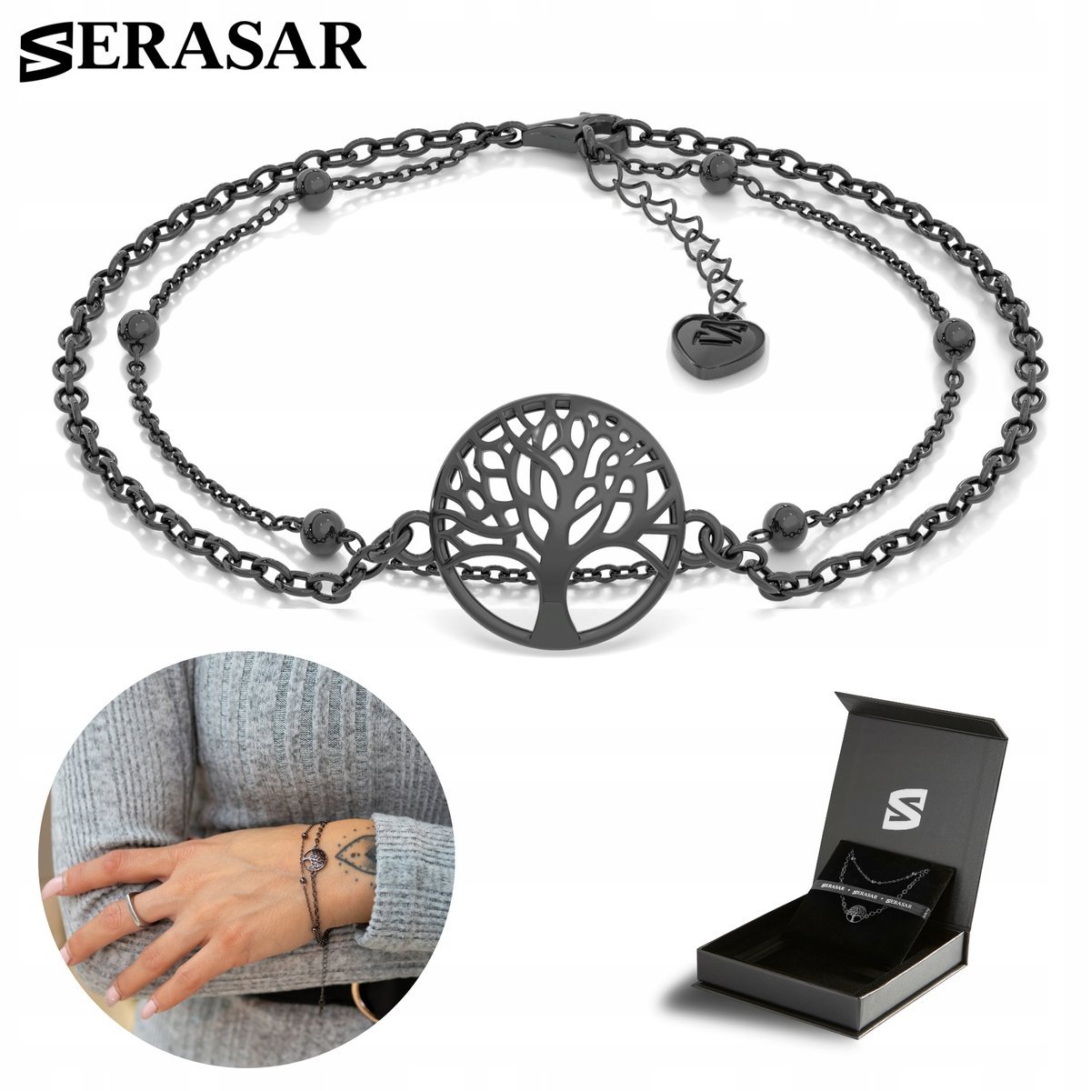SERASAR, Bransoletki ze srebra próby 925 dla kobiet z powłoką z 18-karatowego prawdziwego złota, „Life”, regulowana długość, kolor czarny, w zestawi..