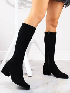 Kozaki zamszowe damskie na obcasie ocieplane czarne Sergio Leone KZ212 - Kozaki damskie - miniaturka - grafika 1