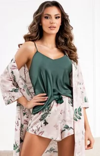 Piżamy damskie - Nelly 1/2 satynowa piżama damska zielona z motywem roślinnym, Kolor zielony, Rozmiar S, Donna - Intymna - grafika 1