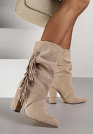 Botki damskie - Ciemnobeżowe Botki w Stylu Kowbojek na Obcasie Ozdobione Frędzlami Reitania - miniaturka - grafika 1