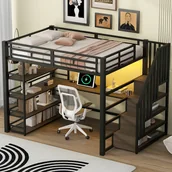 Łóżka dla dzieci i młodzieży - Metalowe łóżko piętrowe 140 x 200 cm - Z biurkiem i schowkami - Z oświetleniem LED i portem USB - Płyta MDF - Czarne (materac nie jest dołączony) - miniaturka - grafika 1