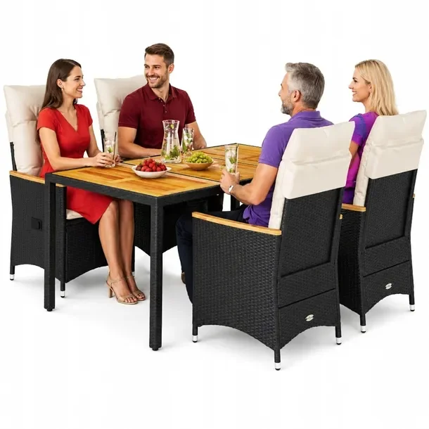 Zestaw mebli ogrodowych czarny z rattanem PE, stół 150x90x75 cm, fotel 56