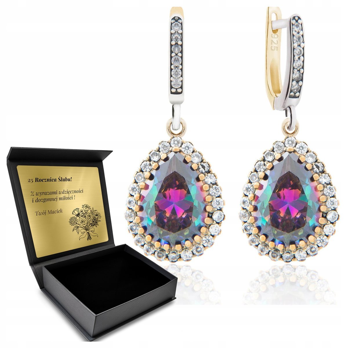 Kolczyki Srebrne 925 Z Cyrkoniami I Mistycznym Topazem Dla Kobiety + Grawer