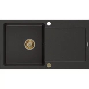 Mexen Leo zlewozmywak granitowy 1-komorowy z ociekaczem 900 x 500 mm, czarny/złoty metalik, syfon złoty - Zlewozmywaki - miniaturka - grafika 1
