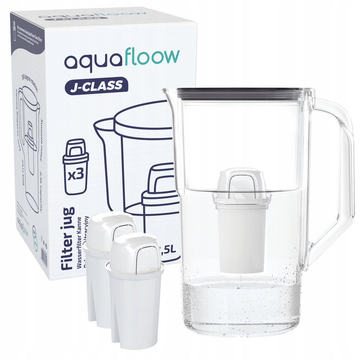 Dzbanek plastikowy filtrujący AquaFloow J-CLASS 2,5l czarny + 3x filtr wody