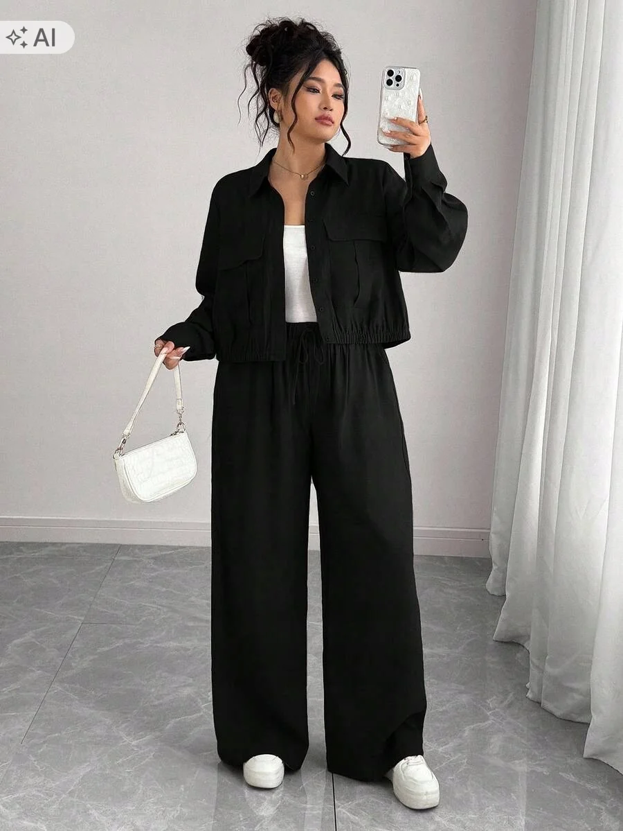 SHEIN CZARNE SPODNIE CASUAL PALAZZO WYSOKI STAN PLUS SIZE 48 1ŁA