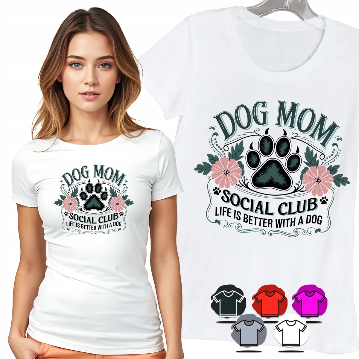 KOSZULKA DAMSKA T-SHIRT - DOG MOM PSIA MAMA ŁAPKA KWIATY DAMSKI WZÓR - S