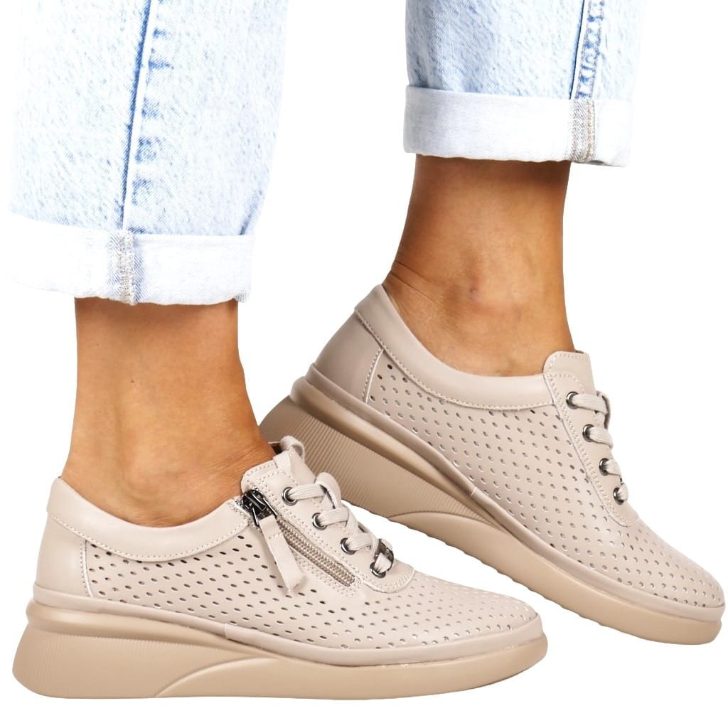 DAMSKIE PÓŁBUTY SKÓRZANE NA KOTURNIE ZAPINANE NA ZAMEK I SZNUROWANE VINCEZA 79565 BEŻOWE