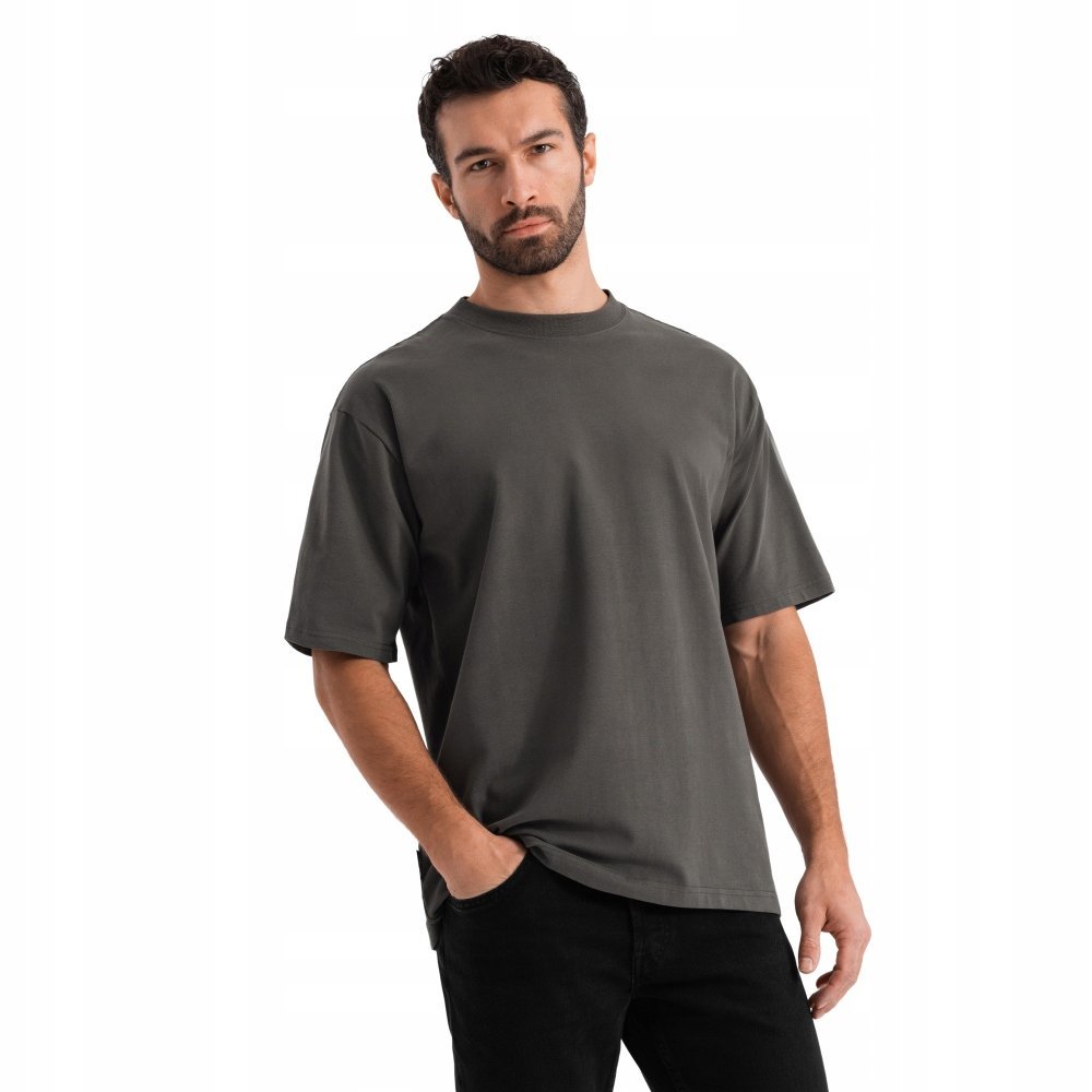 Męski t-shirt bawełniany szarozielony loose fit Ombre OM-TSBC-0234 V3 r L